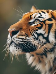 Obraz premium A close-up portrait of a majestic tiger, looking upwards with intense focus. Its stripes and whiskers are sharply defined against a blurred background.