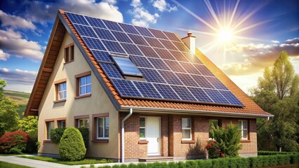 Fototapeta premium of a house with solar panels on the roof, solar, panels, roof, house, renewable energy, technology, eco-friendly