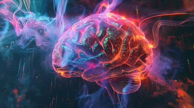 Neon brain structure, Concept art of a human brain exploding with knowledge and creativity.