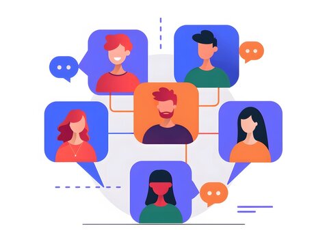 A diverse group of people connected by lines, representing a network of communication or collaboration.