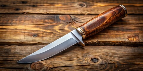 A close-up shot of a sharp hunting knife with a wooden handle, hunting, knife, weapon, sharp, blade, outdoors