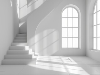 Fototapeta premium Modern Minimalist White Room with Staircase and Window