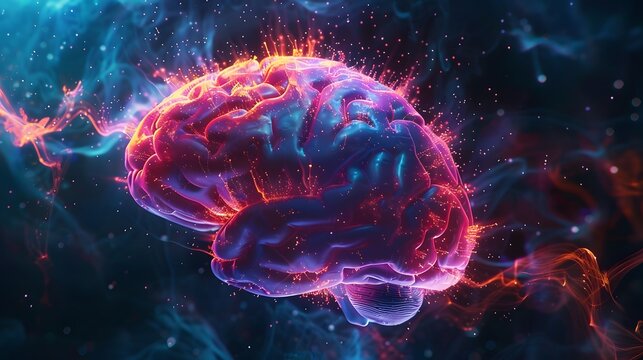 Neon brain structure, Concept art of a human brain exploding with knowledge and creativity.