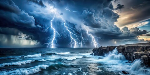 Fototapeta premium Powerful storm over vast ocean, dark waves crashing against cliffs, dramatic lightning, storm, ocean, waves, cliffs, lightning