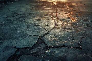 Closeup of sun rays on dry, cracked ground, highlighting textures and contrasts