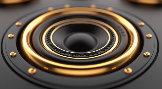 Close-up of blaClose-Up of Golden Speaker Cone with Black Surround on Matte Surface
ck and gold speaker