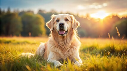 A fluffy golden retriever dog laying in a sunny field, dog, pet, loyal, furry, domestic, canine, animal, friendly, adorable, companion