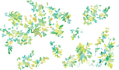 水彩画。水彩タッチの新緑ベクター背景。葉っぱが風に舞う新緑風景。緑の森とエコのイメージ。Watercolor painting. Fresh green vector background with watercolor touch. Fresh green landscape with leaves dancing in the wind. Green forest and ecological