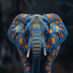 Obraz premium Blue Elephant with Orange Spots on Dark Background