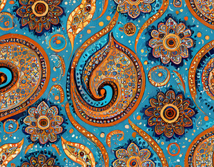 a seamless paisley pattern in warm brown tones on a cool blue background tile, with a modern twist to the traditional design.