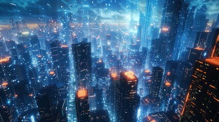Obraz premium Witness the convergence of art and technology in a futuristic cityscape where holographic projections dance above skyscrapers. Neon lights flicker against a twilight sky, casting an iridescent glow