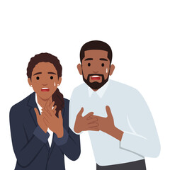 Shocked surprised amazed couple looking at camera with open mouth. Flat vector illustration isolated on white background