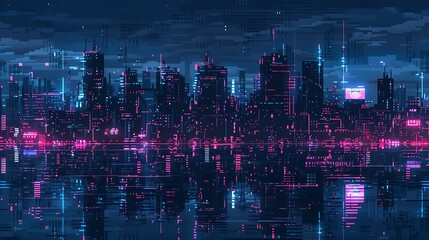 Neon Cityscape Glows with Vibrant Pink and Blue Lights Reflected in Water
