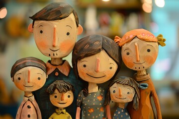Artistic wooden figurines representing a happy family, crafted with attention to detail