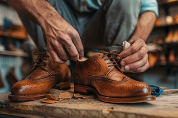 Closeup of a cobbler's hands polishing handmade leather shoes