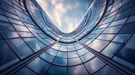 Low angle view of futuristic architecture, Skyscraper of office building with curve glass window. 