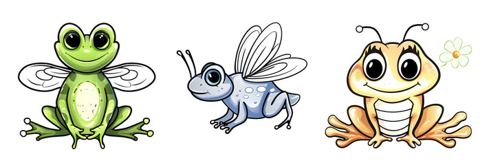 Obraz premium Small creatures - cute Bee, Frog and Butterfly, simple thick lines kids or children cartoon coloring book pages. Clean drawing can be vectorized to illustration.&nbsp;