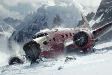 Wreckage of a vintage plane lying in the snowy wilderness, with mountains in the background