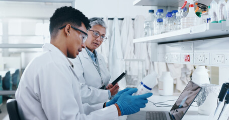 Science, people and lab discussion for research, mature woman and mentor with tablet for experiment...