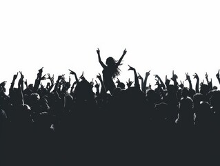 Silhouette crowd with hands up in air at concert event.