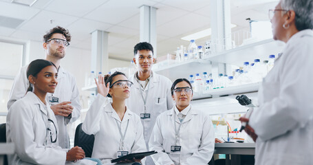 Meeting, research and group of scientists in laboratory with mentor for bio medical internship....