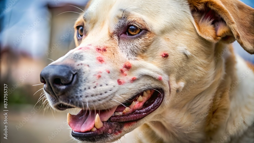 Wall mural closeup of little dog with dermatitis chewing himself raw