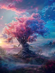 Fototapeta premium fantastic landscape with a fantasy tree of desires in pink-blue colors