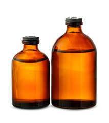 Two Amber Glass Bottles With Liquid On White Background