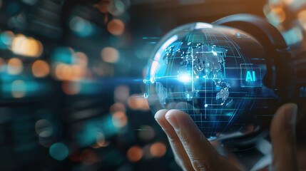 A hand holds a glowing glass globe, representing global connectivity and digital technology.