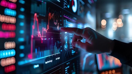 A hand interacts with a large digital display showing colorful graphs and data. The image evokes concepts of technology, data analysis, and progress.