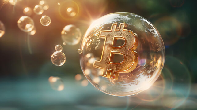 bitcoin floating in the air in a big bubble for risky investments or danger of crypto currencies trading and bubble crisis crash bear market as wide banner with copyspace area