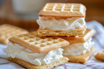 Closeup image of a vanilla creamfilled waffle sandwich on a rustic kitchen table