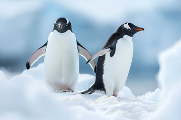 Obraz premium Penguins Roaming Snowy Terrain The penguins standing on a snowy surface near the water A cute penguin in the Antarctic snow Playful Penguins Sliding on Antarctic Ice in Pristine Winter Landscape 