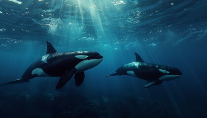 Obraz premium Orcas swimming in deep blue sea, majestic summer marine scene, travel