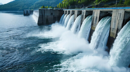 A powerful dam releases water, creating a cascading waterfall against a backdrop of mountains and sky.