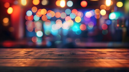 A blurry image of a bar with lights and a wooden table. Scene is lively and energetic, with the lights and the wooden table creating a warm and inviting atmosphere