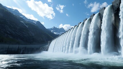 Fototapeta premium A powerful dam releases water, creating a cascading waterfall against a backdrop of mountains and sky.