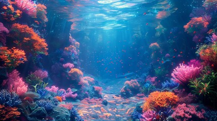 A vibrant underwater scene with colorful coral reefs and a sunbeam illuminating the ocean floor.