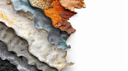 Obraz premium Colorful collage with rich textures, isolated on white background, highresolution detail, blend of tactile elements like fabric, metal, and wood, creative and dynamic visual design