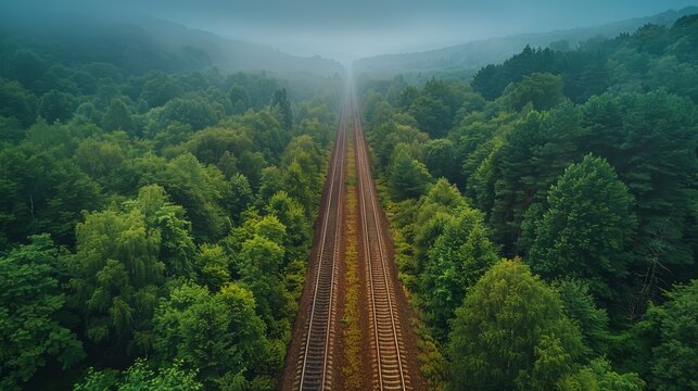 Aerial view of train tracks through a misty forest.