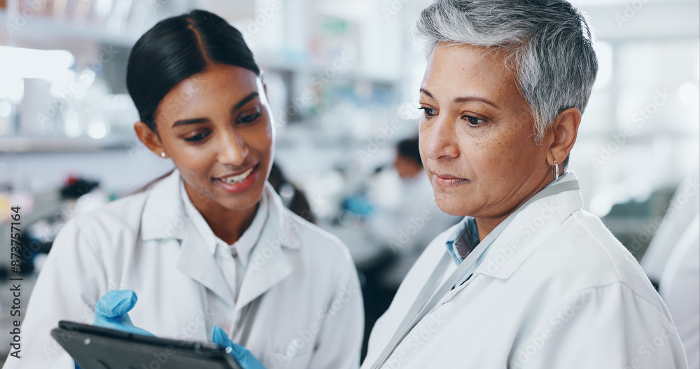 Sticker Tablet, women and scientists in laboratory with data for pharmaceutical innovation experiment. Internship, discussion and mentor with medical science student on digital technology for research.