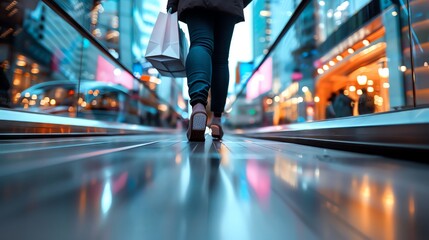 Fototapeta premium A woman walks through a brightly lit shopping mall, carrying a shopping bag. The photo is taken from a low angle, giving a perspective of looking up at her.