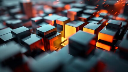 Obraz premium Abstract background of glowing metallic cubes. A futuristic and modern design with vibrant colors. Perfect for technology and innovation themes.