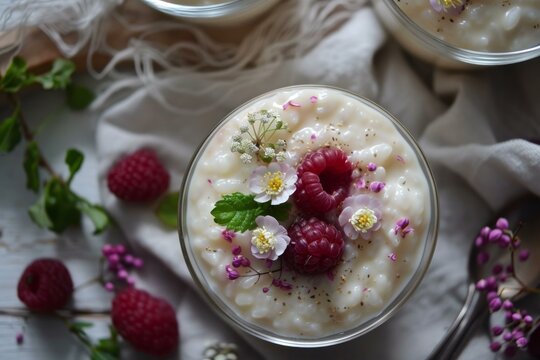 Overhead view of a creamy tapioca pudding adorned with fresh raspberries and flowers