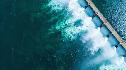 Aerial view of a dam with water rushing over the spillway.
