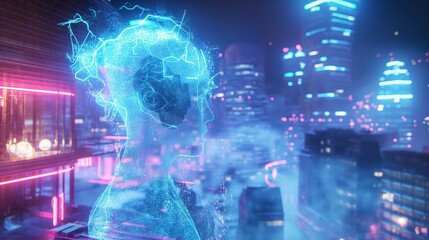 A woman's face is projected onto a city skyline