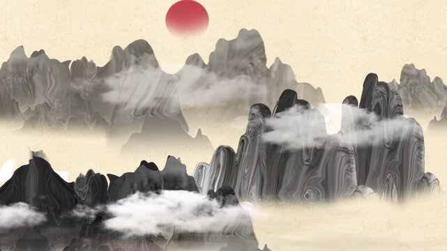 Digital art ancient Painting Traditional Freehand Chinese style ink landscape white clouds flying birds of beautiful calm trees, mountains, flowers, lake, water, birds, blue sky, cherry blossoms