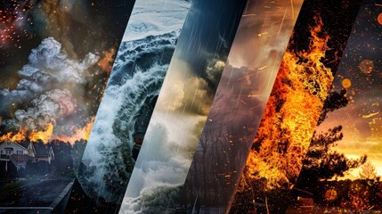 A collage of extreme weather events including hurricanes floods and wildfires conveying the intensity and frequency of natural disasters linked to climate change..
