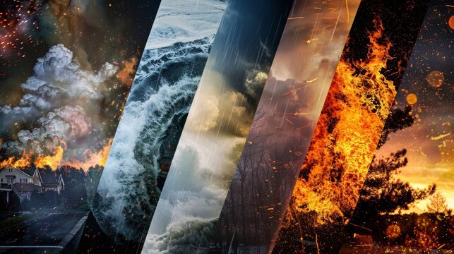 A collage of extreme weather events including hurricanes floods and wildfires conveying the intensity and frequency of natural disasters linked to climate change..