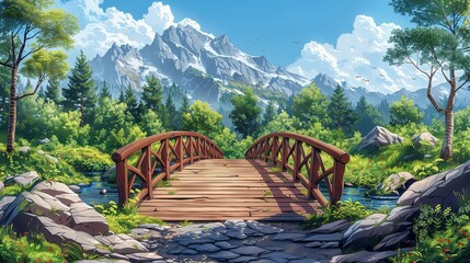Obraz premium Cartoon Style Wooden Bridge Design